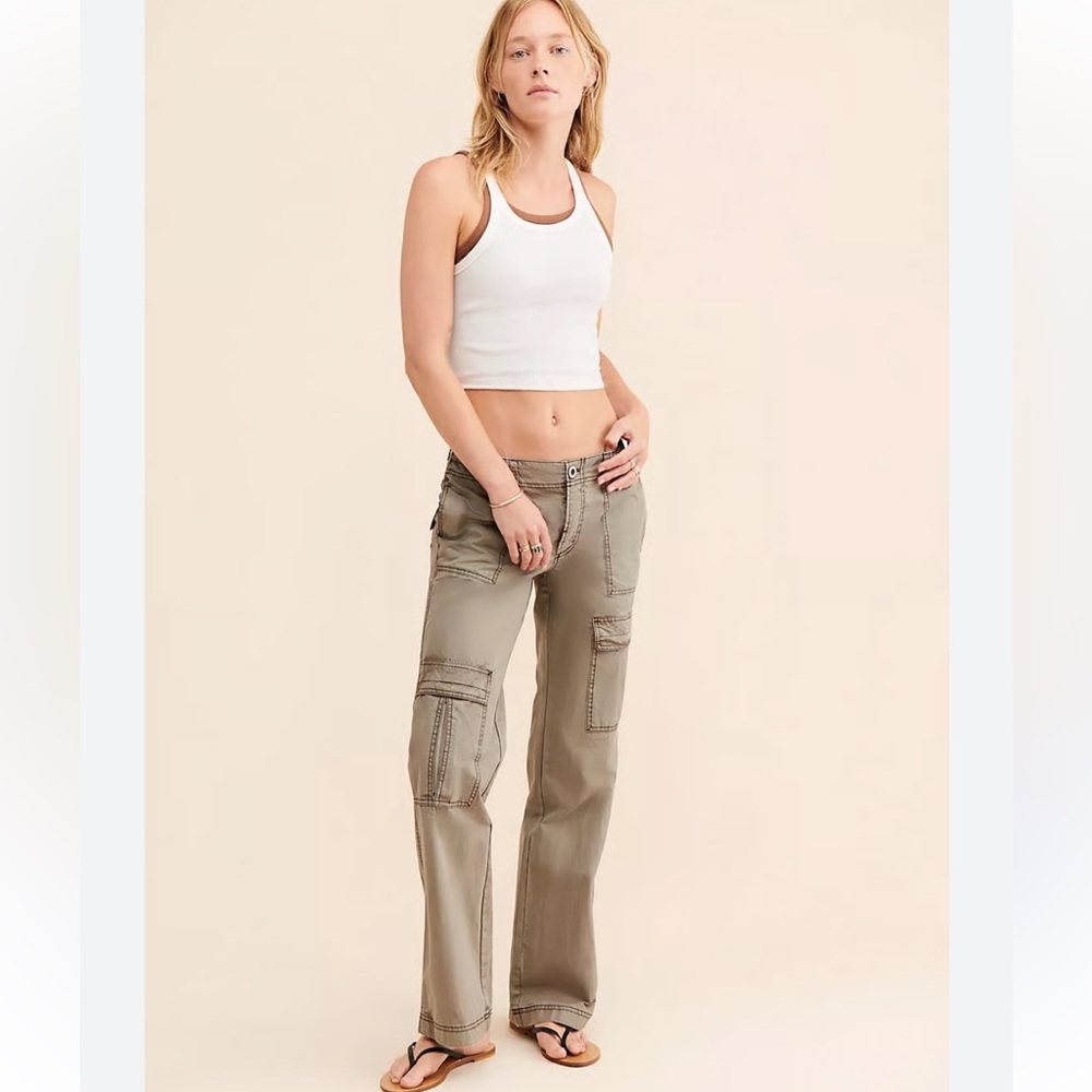 Free People Olive Green Brown Wide Leg Cargo Trouser Pants